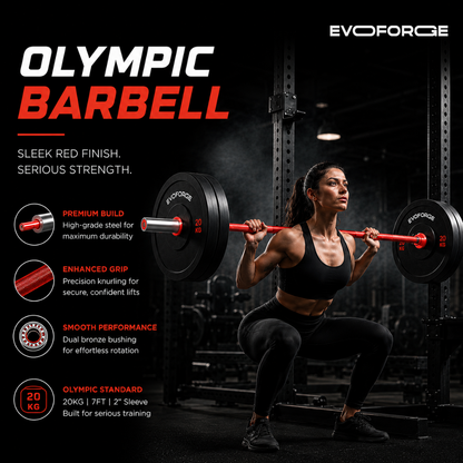 20kg Olympic Barbell – Red Powder Coated | 7.2ft EN8D Steel Bushing Bar