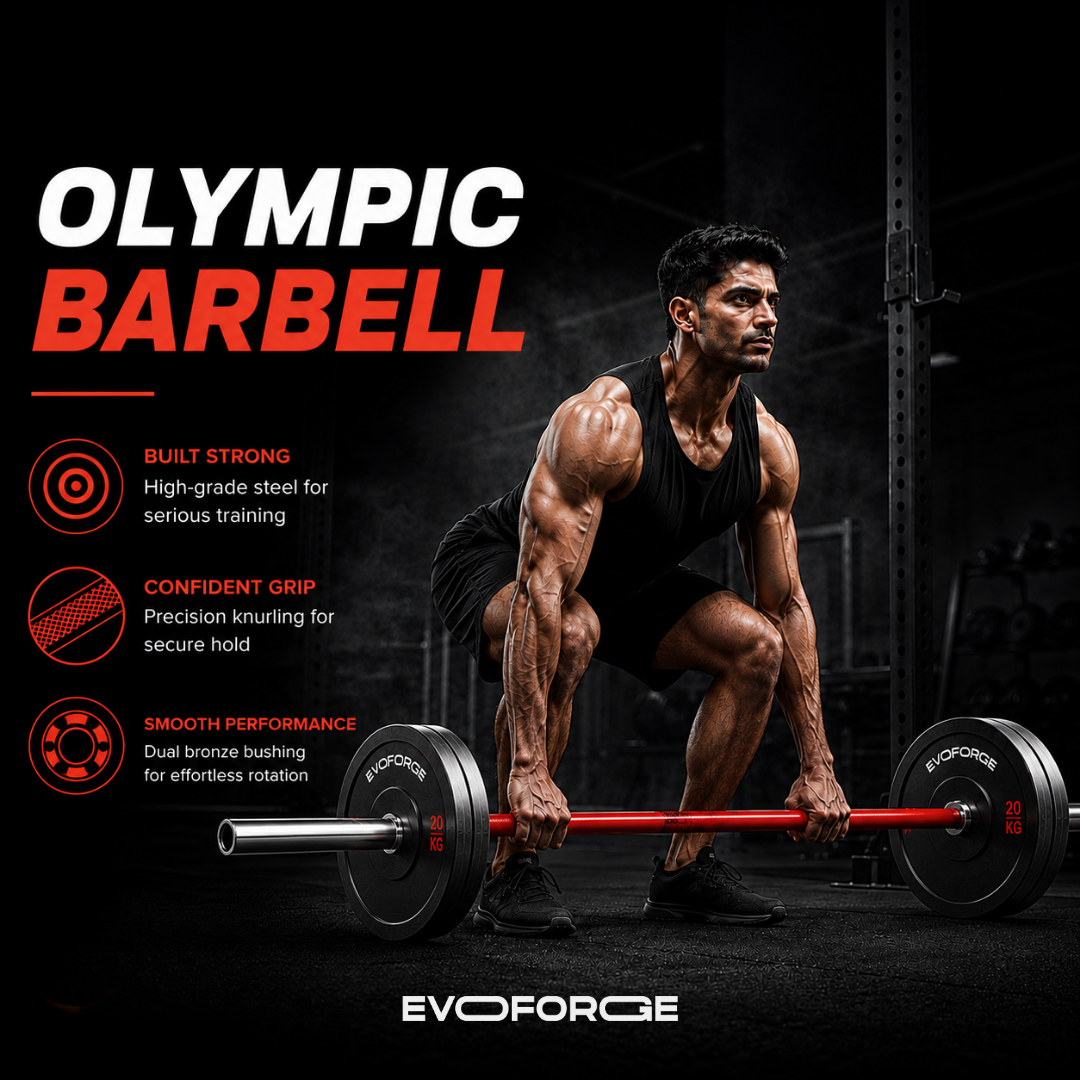 20kg Olympic Barbell – Red Powder Coated | 7.2ft EN8D Steel Bushing Bar